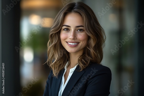 Confident Businesswoman with Wavy Hair Smiling in Suit