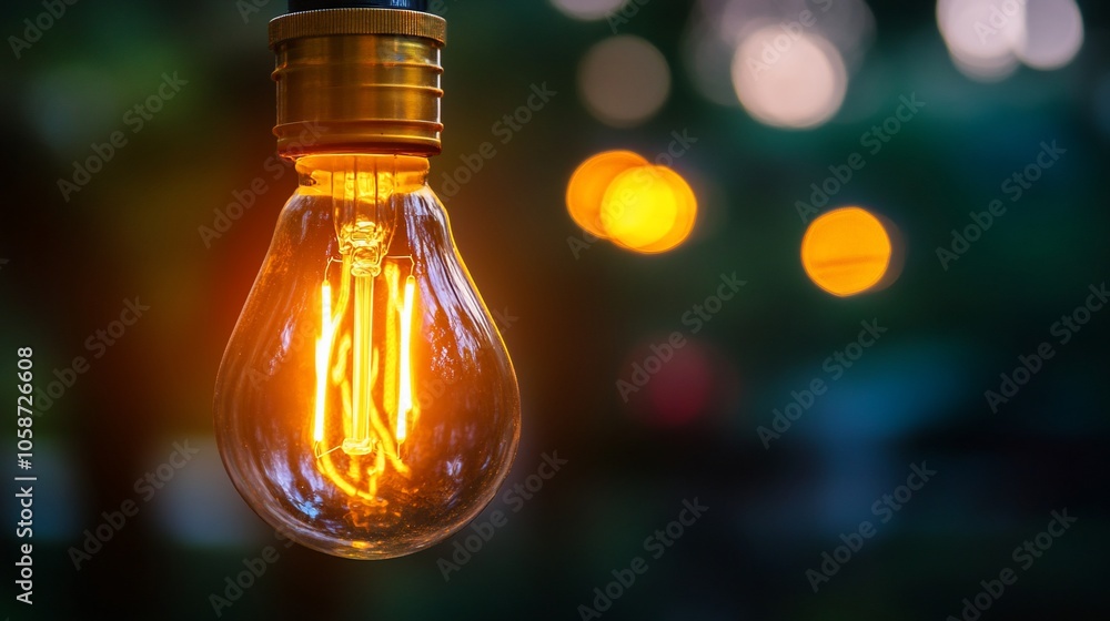 A glowing light bulb hanging in the air with a blurred background of foliage and lights. A glowing light bulb hanging in the air with a blurred background of foliage and lights.