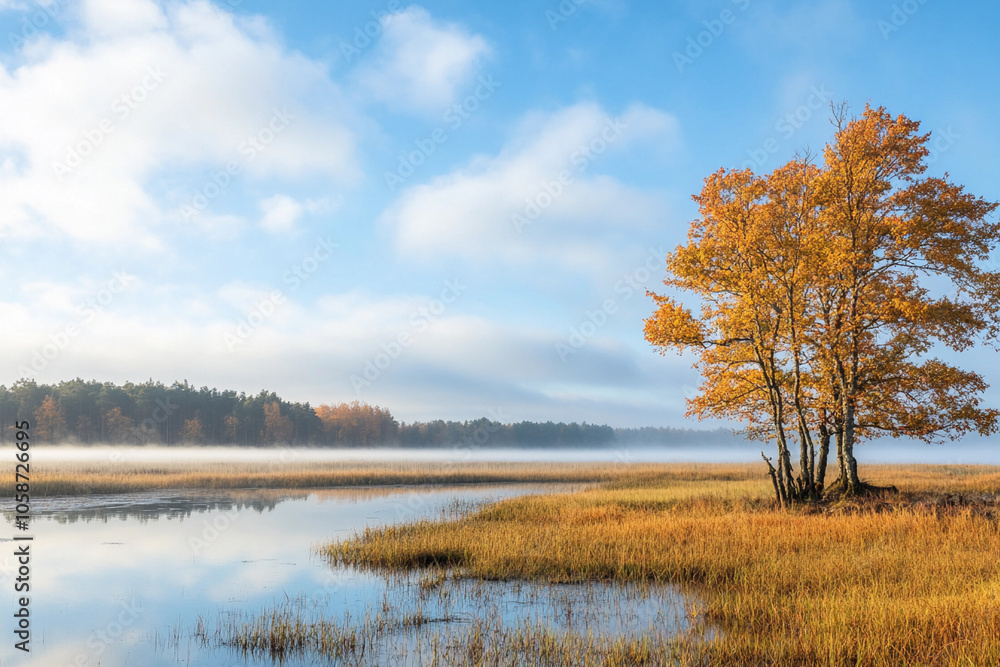 Autumn sunrise over tranquil lake with a golden tree Autumn sunrise over tranquil lake with a golden tree