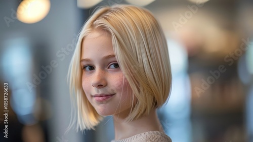 Young blonde girl color transformation and haircut in beauty salon, AI generated image