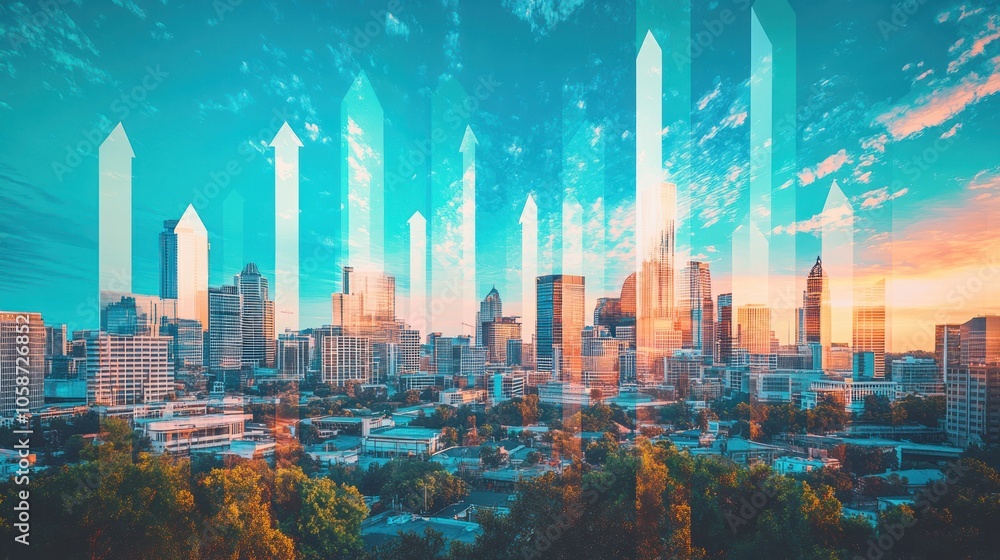 A panoramic view of a modern city skyline with large blue and white arrows pointing upward, symbolizing growth and progress. A panoramic view of a modern city skyline with large blue and white arrows pointing upward, symbolizing growth and progress.