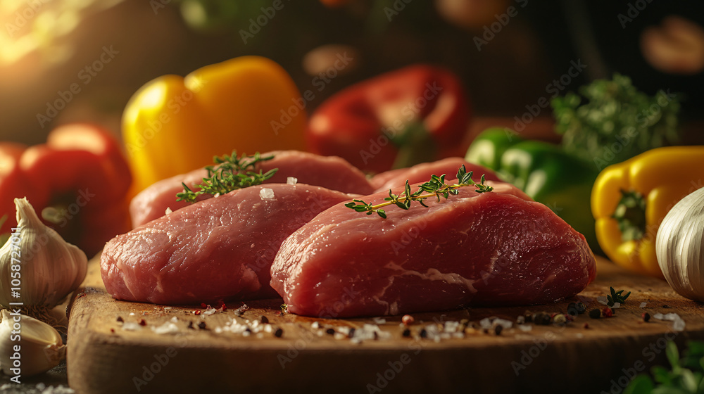 Raw Meat with Spices and Vegetables on Wooden Cutting Board Raw Meat with Spices and Vegetables on Wooden Cutting Board