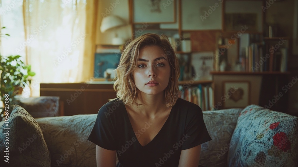 A woman is sitting on a couch A woman is sitting on a couch
