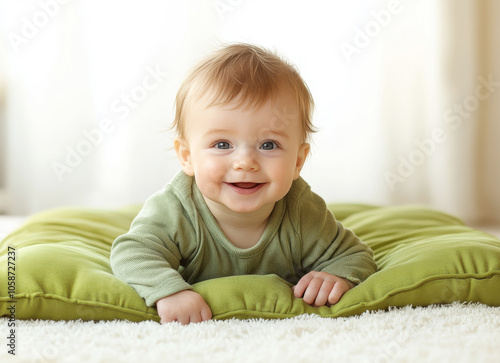 Cheerful baby boy in green bodysuit lying on white bed and smiling on his tummy..