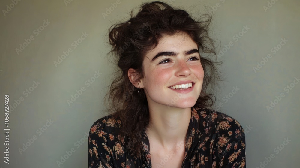 A smiling young woman with tousled hair and a floral shirt. A smiling young woman with tousled hair and a floral shirt.