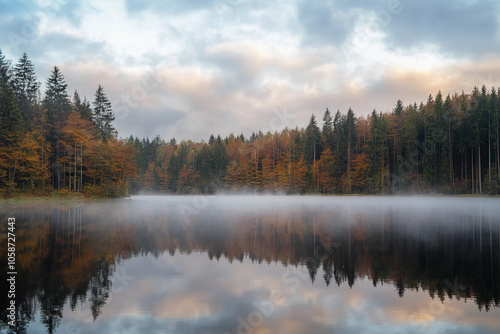 Misty lake reflections surrounded by autumn forest at dawn