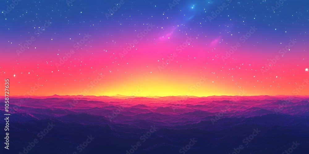 Fototapeta premium A breathtaking digital artwork of a vibrant sunset over rolling mountains, blending warm hues of orange, pink, and purple against a starry night sky.