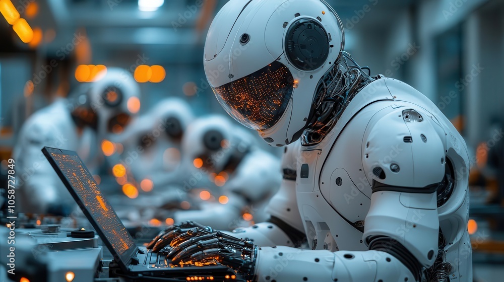 Fototapeta premium engineers collaborating over a laptop, discussing artificial intelligence software in a high-tech research lab, showcasing teamwork and modern engineering concepts