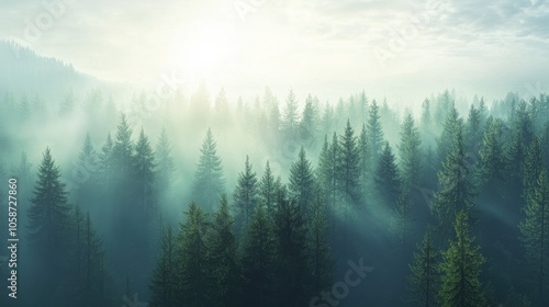 Aerial view on green pine forest illuminated by the morning sunlight. Panoramic image