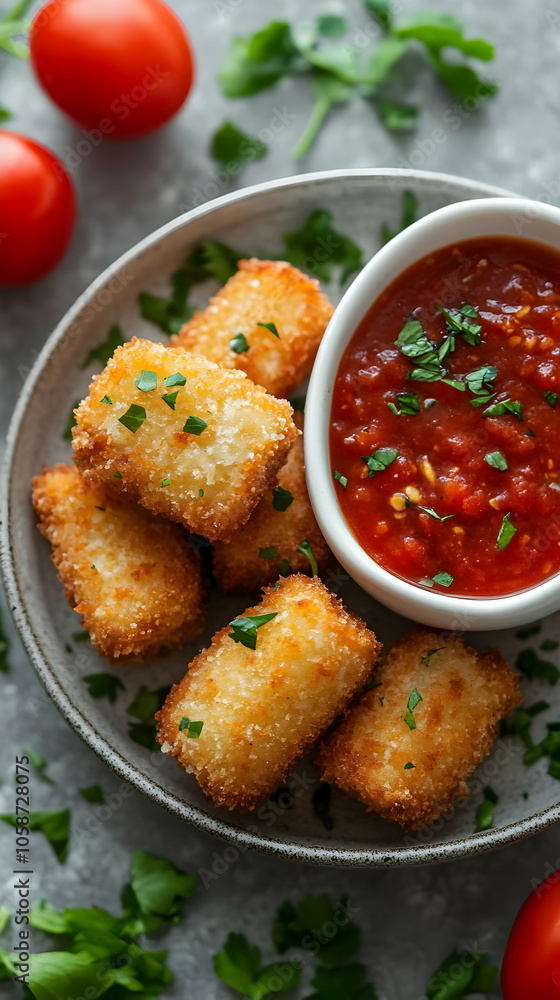 Crispy Fried Cheese Balls Photo with Tomato Sauce and Parsley Crispy Fried Cheese Balls Photo with Tomato Sauce and Parsley