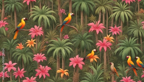 Tropical exotic pattern with animal and flowers in bright colors and lush vegetationn photo