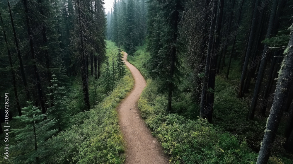 Obraz premium A winding dirt path through a dense coniferous forest with tall trees and lush greenery on a cloudy day.