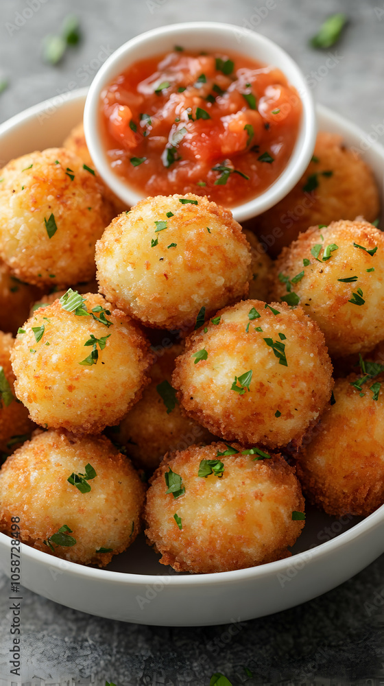 Crispy Potato Croquettes Photo with Salsa Dip Crispy Potato Croquettes Photo with Salsa Dip