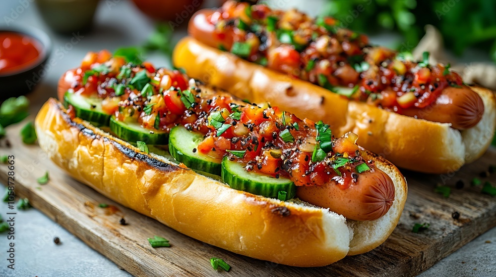 Two hot dogs on a wooden cutting board with toppings Two hot dogs on a wooden cutting board with toppings