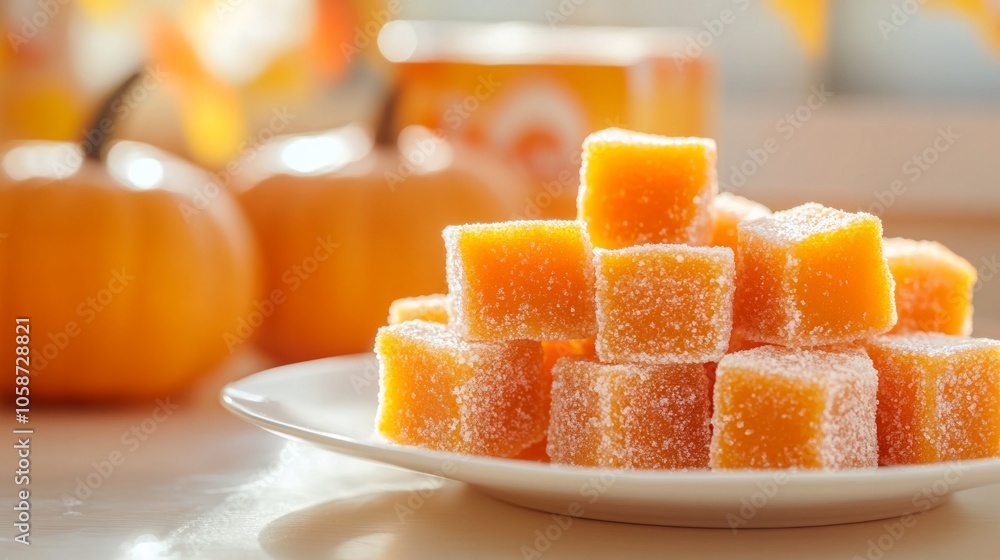 A plate of orange cubes with powdered sugar on top A plate of orange cubes with powdered sugar on top