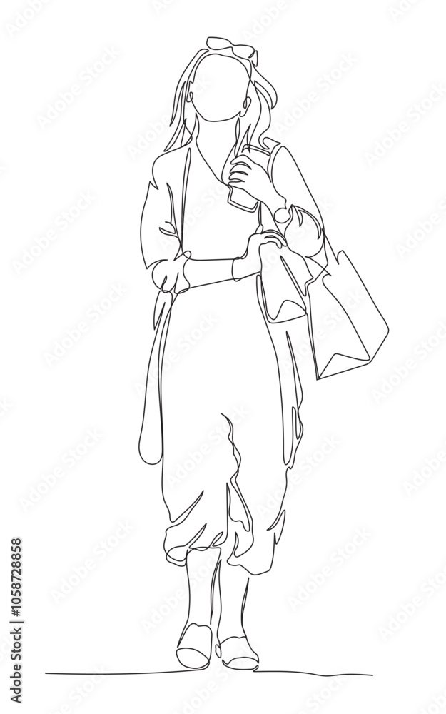 Woman with shopping bags walking and holding phone. Glasses on top of head. Wear summer dress. Continuous one line drawing. Vector in line art style.