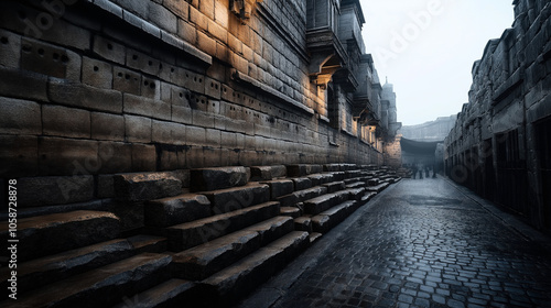 Fototapeta Naklejka Na Ścianę i Meble -  Narrow cobblestone street with ancient stone wall featuring small carved holes, illuminated by warm light against a backdrop of mist and distant figures walking.