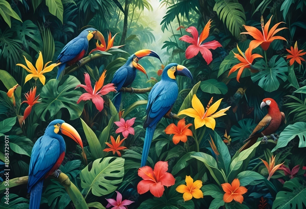 Tropical exotic pattern with animal and flowers in bright colors and lush vegetationn Tropical exotic pattern with animal and flowers in bright colors and lush vegetationn
