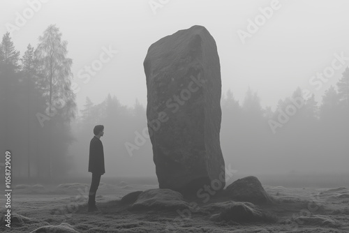 Shrouded in mist, a person stands in awe before a towering ancient stone amidst a tranquil forest, evoking a sense of mystery and connection to the past. Generative AI photo