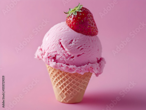 Photo of Pink Ice Cream with Strawberry in Waffle Cone