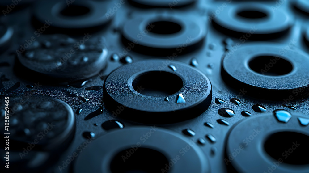 Dark Water Droplets on Black Industrial Rings Photo