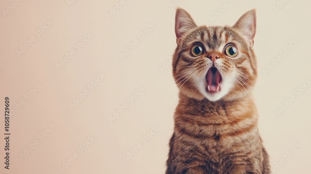 Surprised Cat with Mouth Open on Beige Background Shocked Tabby Cat Expression, Closeup Portrait Surprised Cat with Mouth Open on Beige Background Shocked Tabby Cat Expression, Closeup Portrait