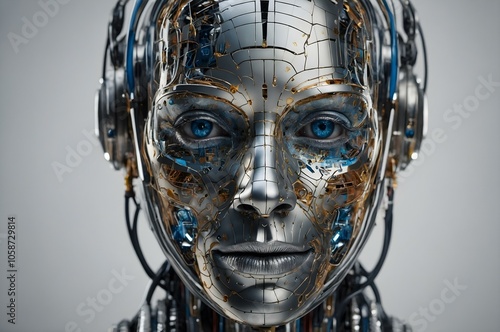 Metallic robot with intricate wiring and realistic blue eyes, symbolizing advanced AI, human-like robotics, and futuristic design innovations.