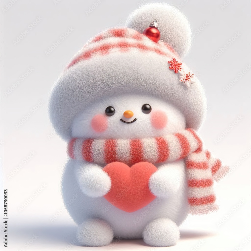Fototapeta premium 3d Cute fluffy christmas snowman doing mini heart pose, full body, white background