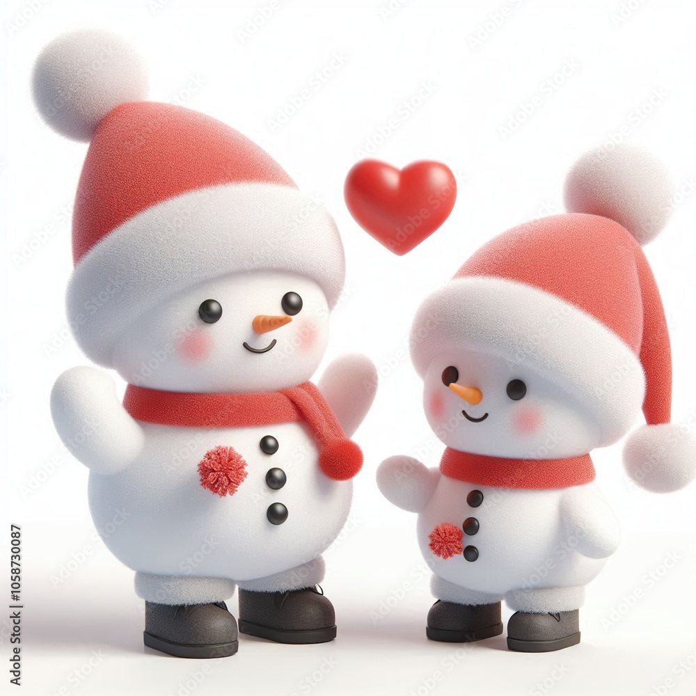 3d Cute fluffy christmas snowman doing mini heart pose, full body, white background 3d Cute fluffy christmas snowman doing mini heart pose, full body, white background