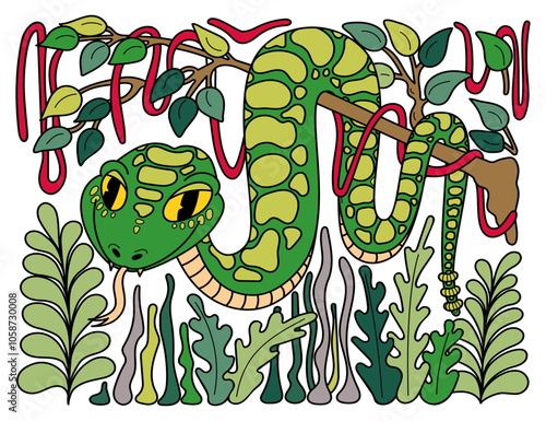 Green boa constrictor in jungle hand drawn flat. Cute snake. Wild life natural animal. Dangerous predator. Anaconda, viper, rattlesnake, python. Vector cartoon illustration.