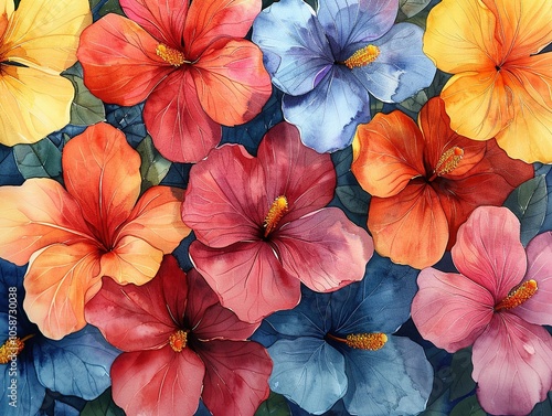 Wallpaper Mural A vibrant arrangement of colorful hibiscus flowers in various shades and sizes. Torontodigital.ca