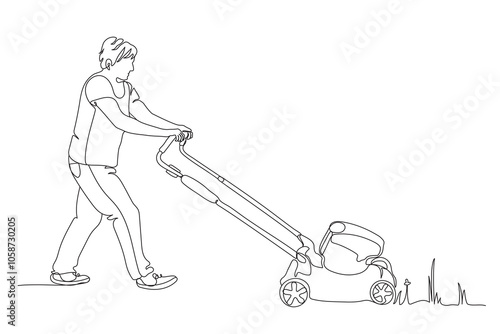 Woman worker mowing lawn grass. Side view. Line art drawing. Black and white vector illustration.