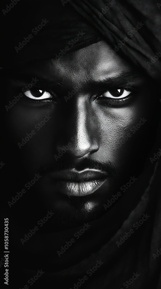 A black and white photo of a man with a turban on his head A black and white photo of a man with a turban on his head