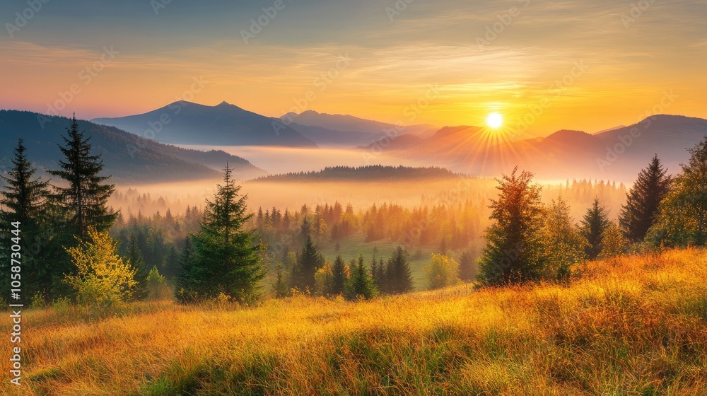 Beautiful sunrise at misty morning mountains Beautiful sunrise at misty morning mountains