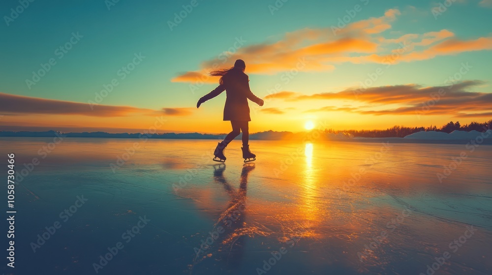 A silhouette of a woman ice skating on a frozen lake at sunset. The sky is a vibrant orange and yellow. A silhouette of a woman ice skating on a frozen lake at sunset. The sky is a vibrant orange and yellow.