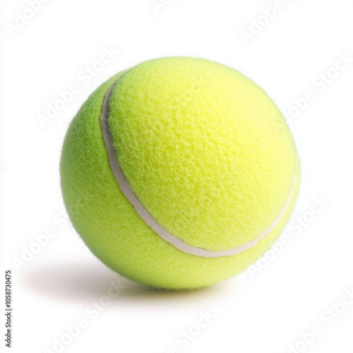 Vibrant yellow tennis ball isolated on white background, perfect for sports and recreation themes. photo