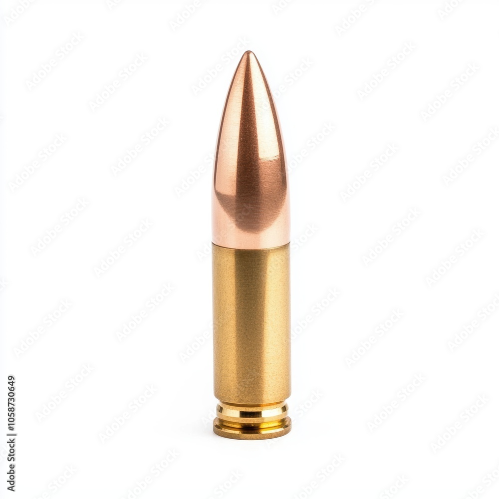 A copper-tipped bullet cartridge on a white background, showcasing its precision engineering and design. A copper-tipped bullet cartridge on a white background, showcasing its precision engineering and design.