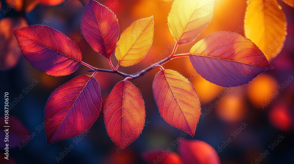 Fototapeta premium Close-up of Vibrant Red and Yellow Autumn Leaves with Sunlight Filtering Through