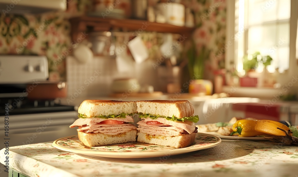 turkey sandwich sitting on a plate on the kitchen counter, Generative AI turkey sandwich sitting on a plate on the kitchen counter, Generative AI