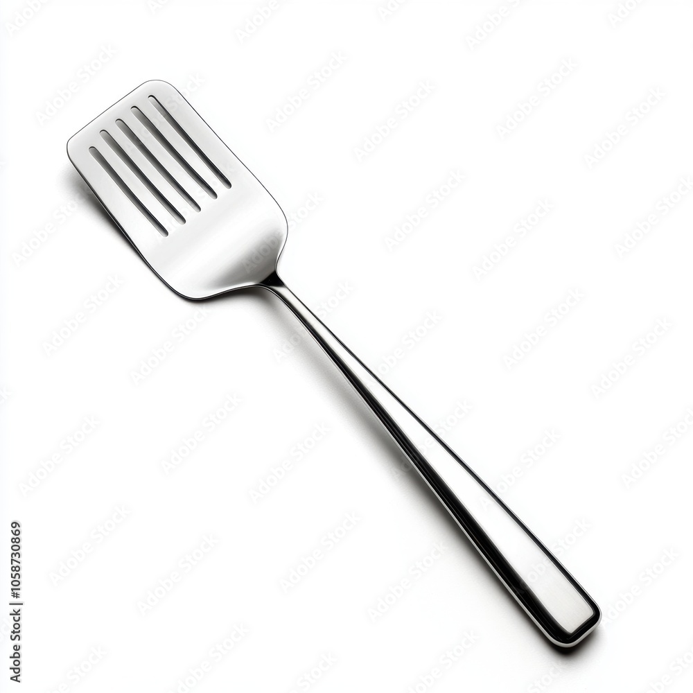 A sleek stainless steel spatula on a white isolated background, perfect for cooking and serving food. A sleek stainless steel spatula on a white isolated background, perfect for cooking and serving food.