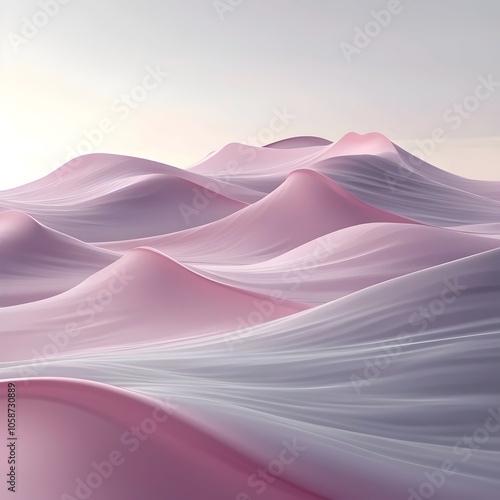 A serene landscape featuring gentle, flowing waves of soft pink and white hues, creating a tranquil and dreamy atmosphere, reminiscent of rolling hills at dawn.