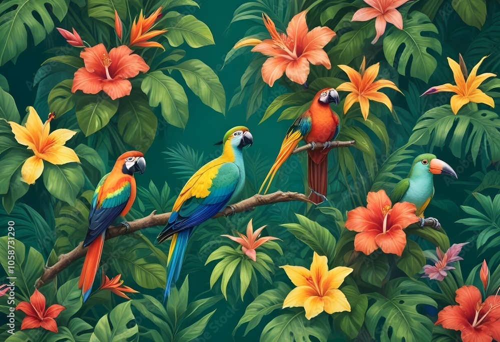 Tropical exotic pattern with animal and flowers in bright colors and lush vegetationn Tropical exotic pattern with animal and flowers in bright colors and lush vegetationn