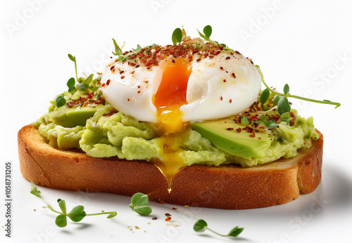 A high-resolution image of avocado toast with a poached egg isolated on a white background. avocado toast is topped with smashed avocado, sprinkled with chili flakes, and garnished with a poached egg  photo