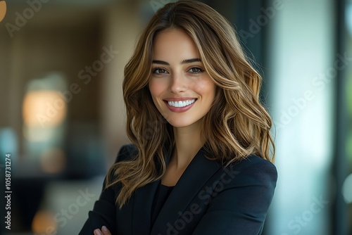 Confident Female Entrepreneur with Wavy Hair in Studio