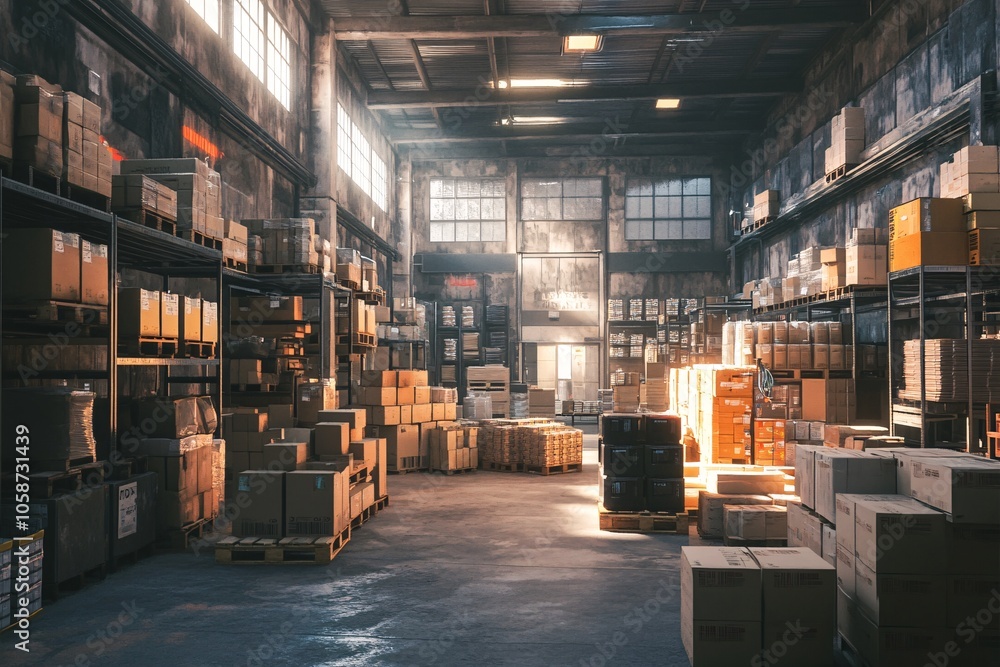 Brightly lit warehouse with stacked boxes and pallets in a spacious industrial setting during the day Brightly lit warehouse with stacked boxes and pallets in a spacious industrial setting during the day