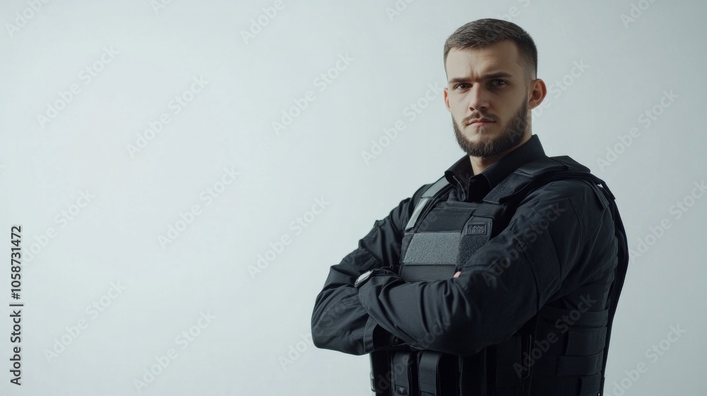 A man in a black uniform with a vest on A man in a black uniform with a vest on