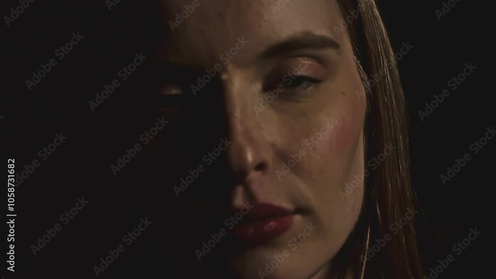 Woman with long blond hair and red lipstick poses as changing light illuminates her face, creating a captivating interplay of light and shadow against a dark background Woman with long blond hair and red lipstick poses as changing light illuminates her face, creating a captivating interplay of light and shadow against a dark background