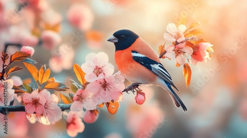 A colorful bird perches on a branch of a blooming tree.