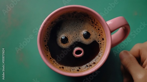 A person holding a pink cup of coffee with a smiley face on it.