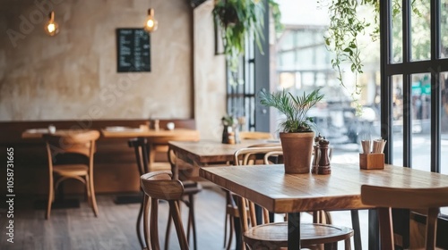 Contemporary cafe with cozy decor, wooden accents, and an empty wall texture, perfect for a calm, inviting dining experience